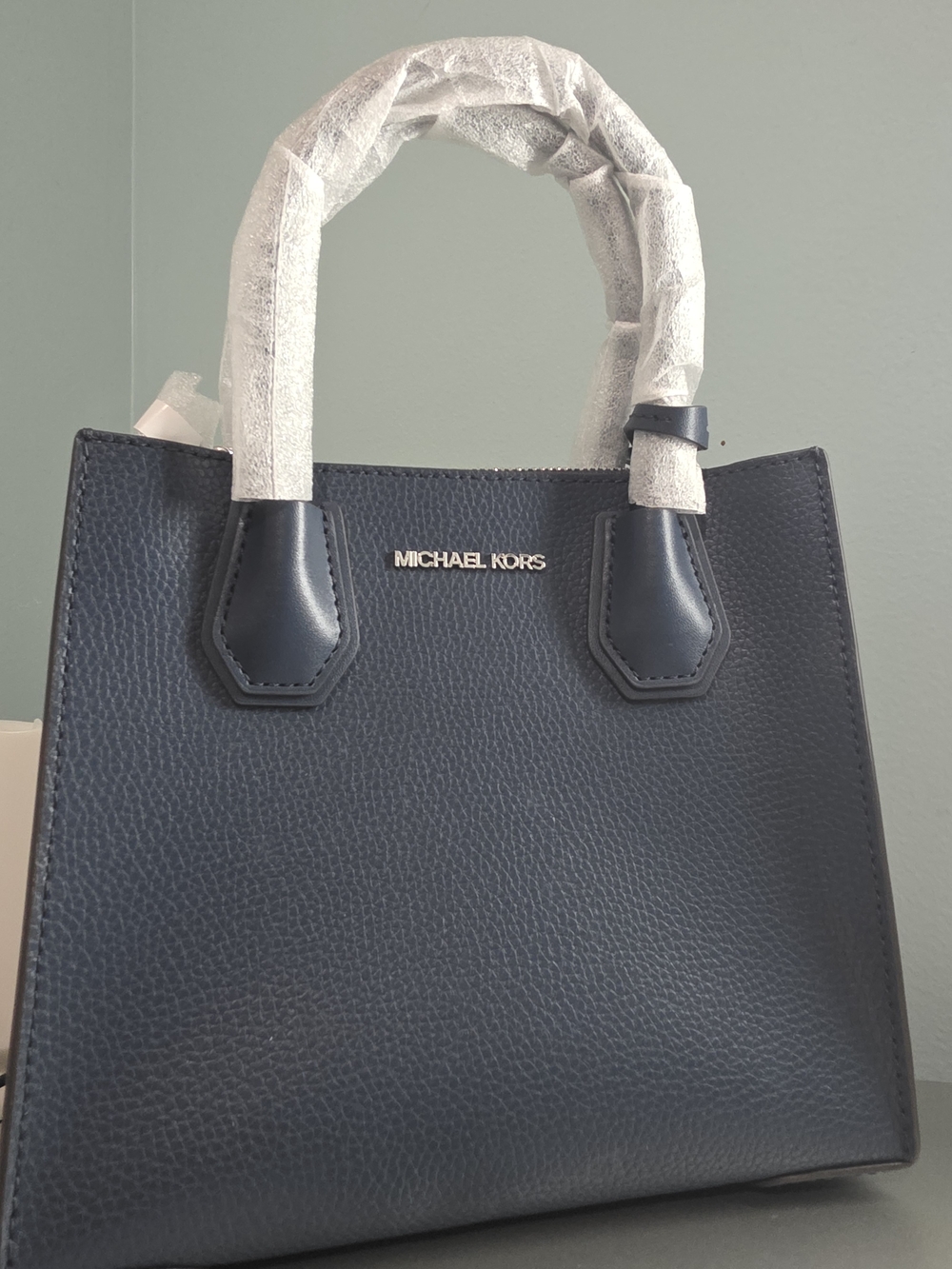 Michael Kors Navy Pebbled Satchel with Gold Logo